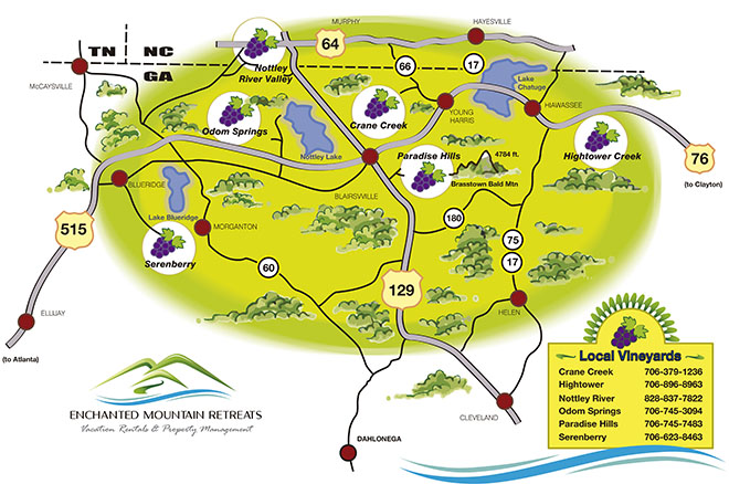 THE ENCHANTED MOUNTAIN RETREATS WINERIES AND VINEYARDS FAVORITE ROUTE North Georgia Mountains Location Map