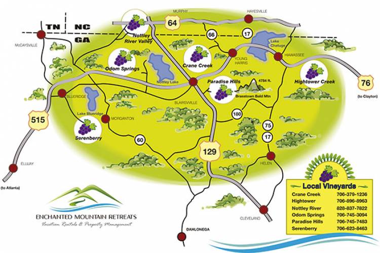 THE ENCHANTED MOUNTAIN RETREATS WINERIES AND VINEYARDS FAVORITE ROUTE North Georgia Mountains Location Map