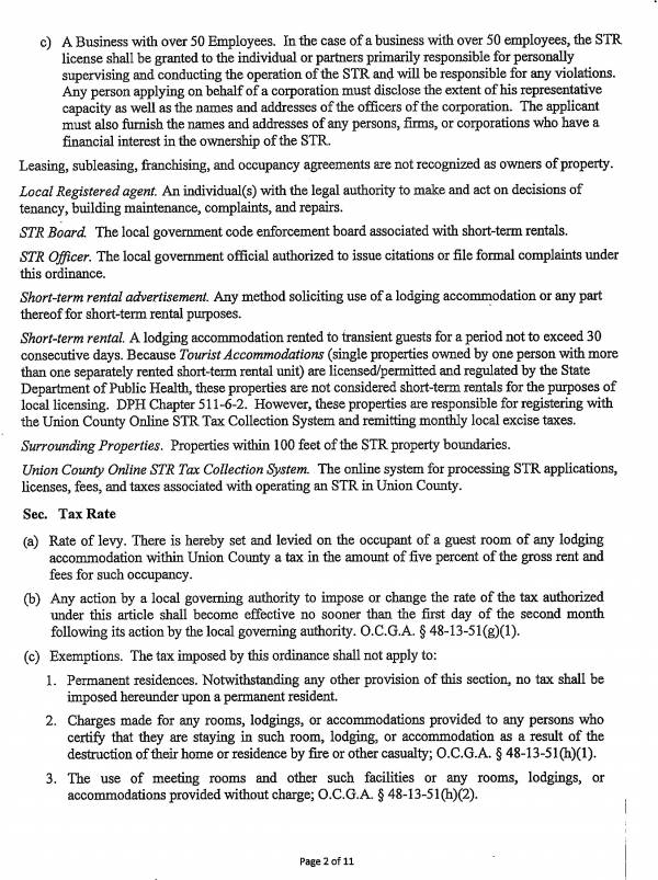 Union County Ordinance STR