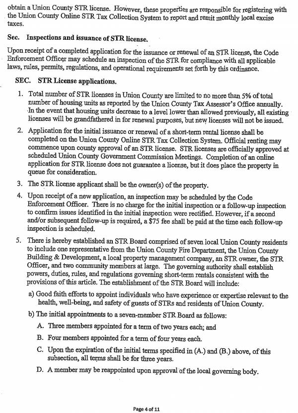 Union County Ordinance STR