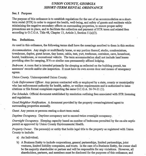 Union County Ordinance for STR