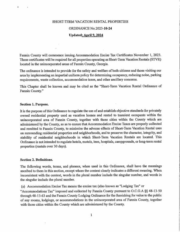 Union Conty Ordinance STVR (Vacation Rentals) 2024